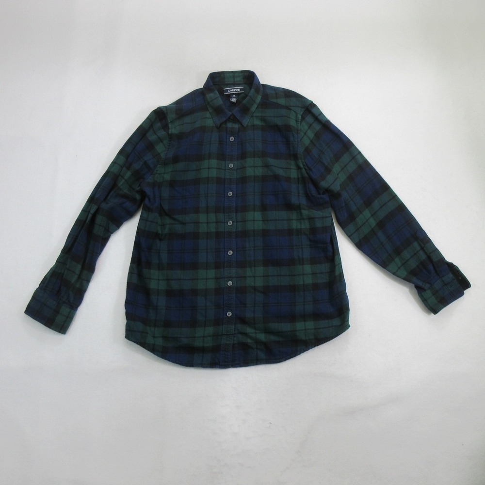Lands' End Women's Button-Up Shirt 14 Flannel Plaid Green Blue Long Sleeve